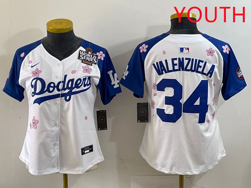 Youth Los Angeles Dodgers 34 Valenzuela White Blue Sakura Edition 2025 Nike MLB Jersey style 35